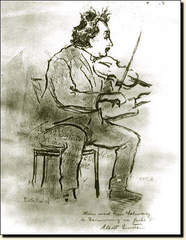 Lithograph of Einstein with a violin