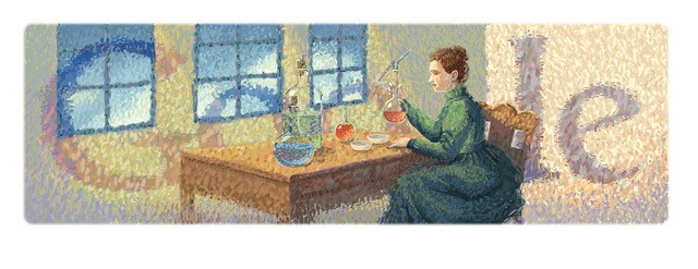 Google Doodle for Curie's 144th birthday