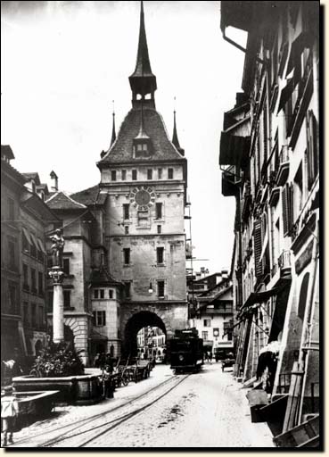 Time and motion: the old clock tower and an electrified trolley in Bern