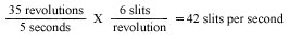 (35 revolutions / 5 seconds) x (6 slits / revolution) = 42 slits per second